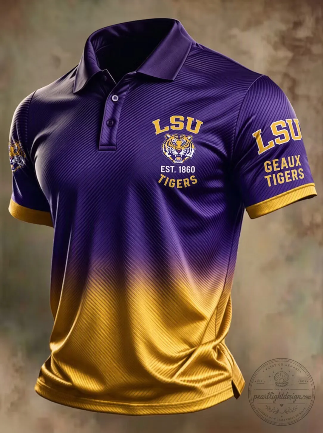 LSU Tigers Geaux Tigers Purple and Gold Striped Polo Shirt 1 LSU Tigers Geaux Tigers Purple and Gold Striped Polo Shirt